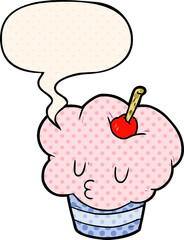 funny cartoon cupcake and speech bubble in comic book style