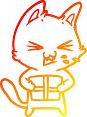 warm gradient line drawing cartoon hissing cat with christmas present