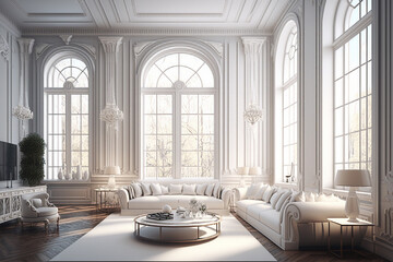 Large, bright, luxurious living room with large windows, 3D rendering. Generative AI
