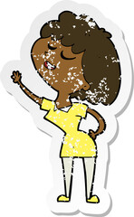retro distressed sticker of a cartoon happy woman about to speak