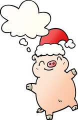 cartoon happy christmas pig and thought bubble in smooth gradient style