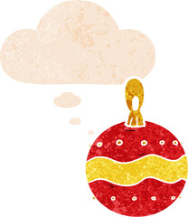 cartoon christmas bauble and thought bubble in retro textured style