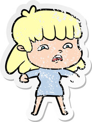 distressed sticker of a cartoon worried woman