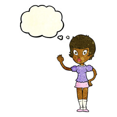 cartoon pretty girl waving with thought bubble