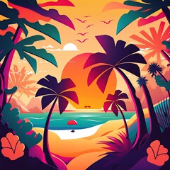 Fototapeta na wymiar Vibrant illustration of summer beach- AI generative