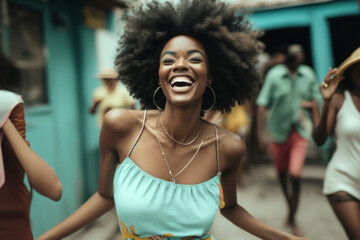 Cheerful black woman with afro hair and Urban retro clothes, dancing on the street, while smiling and enjoying. Fun carefree girl, Illustration, Generative AI - obrazy, fototapety, plakaty