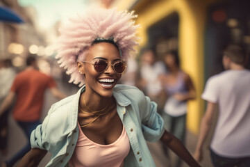 Cheerful black woman with pink hair and retro-hipster clothes, dancing on the street, while smiling and enjoying. Positive person, Illustration, Generative AI