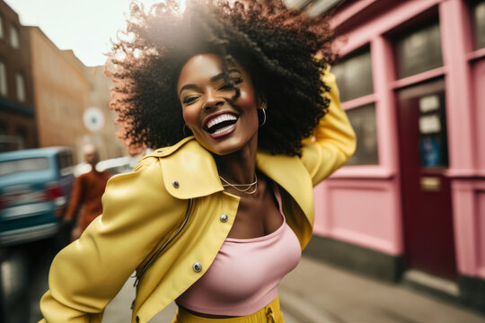 Cheerful black woman with afro hair and Urban retro clothes, dancing on the street, while smiling and enjoying. Fun carefree girl, Illustration, Generative AI