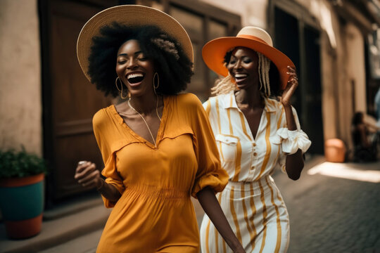 Two funny black girls, with afro hair and Urban retro clothes, laughing and enjoying while dancing in the street. Fun carefree girls, Illustration, Generative AI