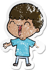 distressed sticker of a cartoon happy man