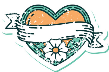 distressed sticker tattoo style icon of a heart and banner with flowers