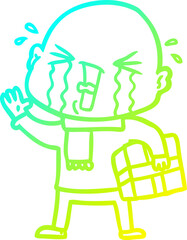 cold gradient line drawing cartoon crying bald man