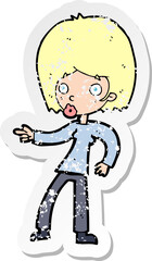 retro distressed sticker of a cartoon woman pointing