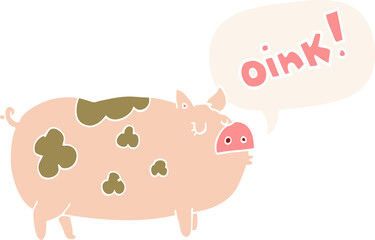 cartoon oinking pig and speech bubble in retro style