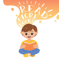 Cartoon boy with glasses sitting and reading a book