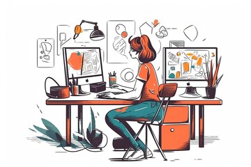 Fototapeta premium vector image of a woman working as a graphic designer, vector, flat design style, character, cartoon, office worker, employee, cute concept vector illustration in flat style. generative ai
