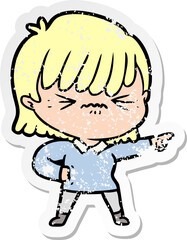 distressed sticker of a annoyed cartoon girl pointing