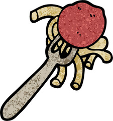 grunge textured illustration cartoon spaghetti and meatballs on fork