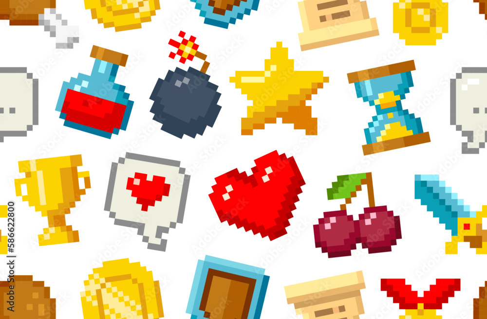 Poster geek retro game vector seamless pattern. pixel icons in vintage 8 bit video game style. 80s -90s. pi