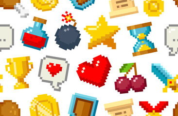 Fototapeta premium Geek Retro Game vector seamless pattern. Pixel icons in vintage 8 bit video game style. 80s -90s. Pixel gold star, heart, bomb, cherry, love etc. Geek style backgroud for wallpaper design