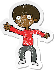 retro distressed sticker of a cartoon boy waving warning
