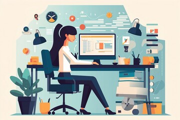 vector image of a woman working as a social media manager, vector, flat design style, character, cartoon, office worker, employee, cute concept vector illustration in flat style. generative ai