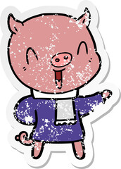 distressed sticker of a happy cartoon pig in winter clothes
