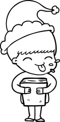 line drawing of a boy wearing santa hat