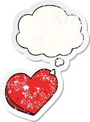 cartoon love heart and thought bubble as a distressed worn sticker