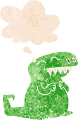 cartoon dinosaur and thought bubble in retro textured style