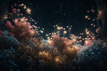 Naklejka na ściany i meble generative illustration, night garden of lights, trees in darkness, small sparkles. Generative AI