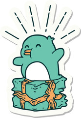 sticker of tattoo style penguin sitting on present