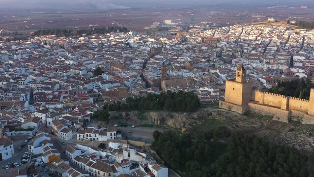 Aerial drone footage of Antequera: a spanish medieval and moorish town in Andalusia
