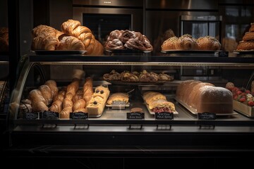 bakery interior with display counters full of scrumptious bread and pastries. Shop a patisserie or bakery with croissants, apple pies, waffles, and churros. Freshly baked pastries. Generative Ai	
