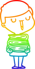 rainbow gradient line drawing cartoon happy boy with stack of books