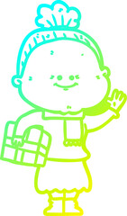 cold gradient line drawing cartoon happy old woman
