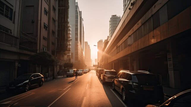 A beautiful and dramatic panoramic photograph of the city skyline, taken on a golden evening after sunset. Generative Ai.