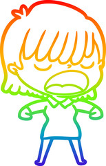 rainbow gradient line drawing cartoon woman talking loudly