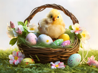 Cute chick, easter eggs and basket. Concept of happy easter day.