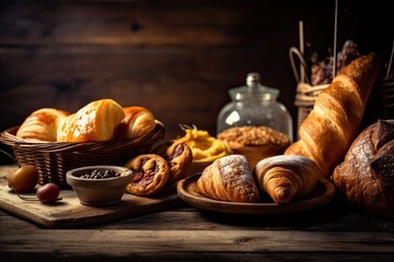 bakery interior with display counters full of scrumptious bread and pastries. Shop a patisserie or bakery with croissants, apple pies, waffles, and churros. Freshly baked pastries. Generative Ai	
 - obrazy, fototapety, plakaty