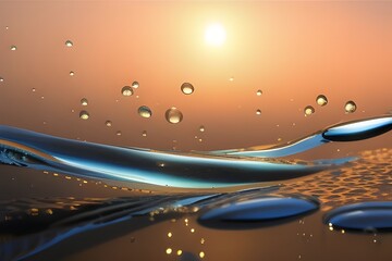 Ilustracja przedstawiająca wodę, krople wody, pęcherzyki powietrza, na tle zachodzącego słońca. Wygenerowane przy użyciu AI.