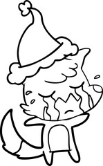 crying fox line drawing of a wearing santa hat