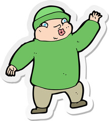 sticker of a cartoon man in hat waving
