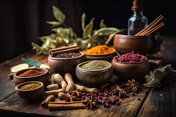 Obraz na płótnie Canvas Traditional Indian Herbs and Spices: Nature's Healing Medicine and Delicious Seasonings for Indian and Thai Cuisines, Generative AI