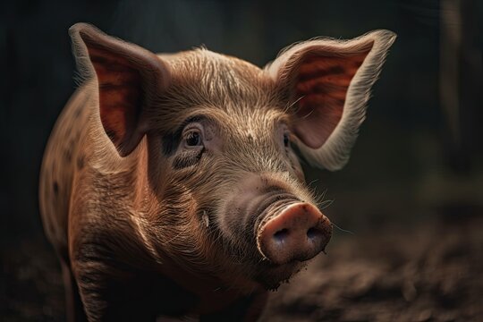 Young Brown Pig; A Confident Domestic Animal Living in the Farmland that Speaks of Meat and Bacon. Generative AI