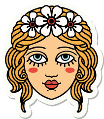 tattoo style sticker of female face with crown of flowers