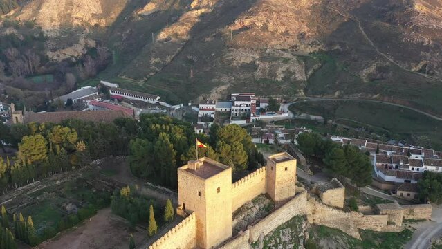 Aerial drone footage of the castle of Antequera with Spanish medieval and moorish town in Andalusia