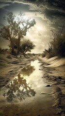 Fototapeta premium 3D oasis with water in the desert. Futuristic landscape.Cloudy sky. Digital designer art. Abstract surreal illustration.3D. 3D landscape Illustration of arid and tree landscape. Generative Ai.