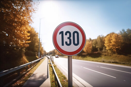 Speed limit road sign of 130 khm on German Autobahn street. Generative AI