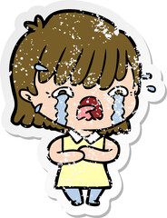 distressed sticker of a cartoon girl crying